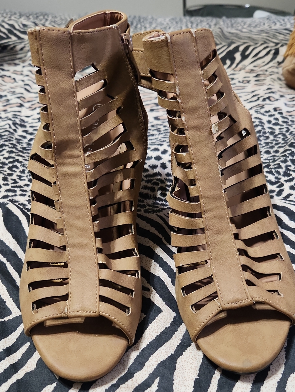 Charles Albert Tan Strappy Cutout Heeled Sandals